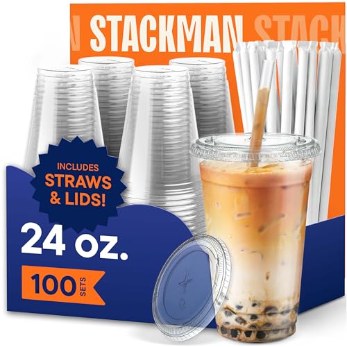 Stack Man Clear Plastic Cups with Lids and Straws - 24 oz - 100 Sets