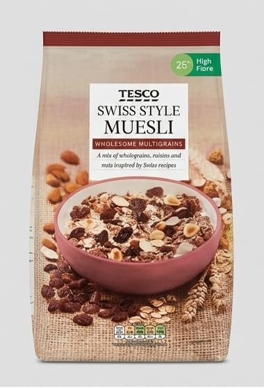 TESCO Swiss Style Muesli, Wholesome Multigrain, with Raisins and Nuts, High Fibre, Inspired by Swiss Recipes 1kg
