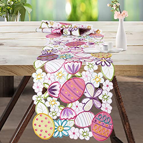 Owenie Easter Table Runner 70 Inch Long, Easter Runner For Table, Embroidered Cutwork Table Runner Easter With Easter Eggs, Butterfly And Flowers For Kitchen Dining Spring Holiday, 13"×70" #TOP5