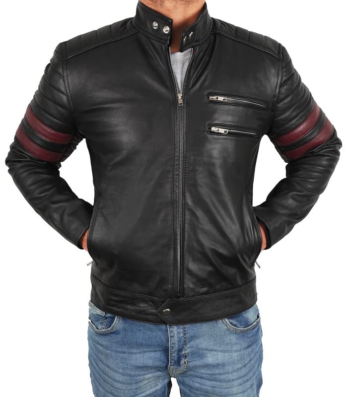 Mens Vintage Motorcycle Red Stripes Mayhem Black Biker Leather Jacket2