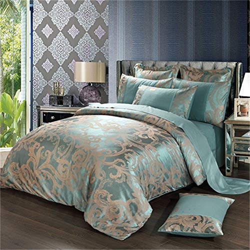 Juego de cama 4pcs Jacquard Luxury Seda Algodón Azul Queen 001 2
