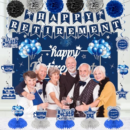Image of Kuxriox 20PCS Retirement Party Decorations Kit for Men, Blue Silver Retirement Backdrop Balloons Honeycomb Centerpiece Swirl Paper Pompoms Party Supplies, Retired Sash Table Topper Swirls Set