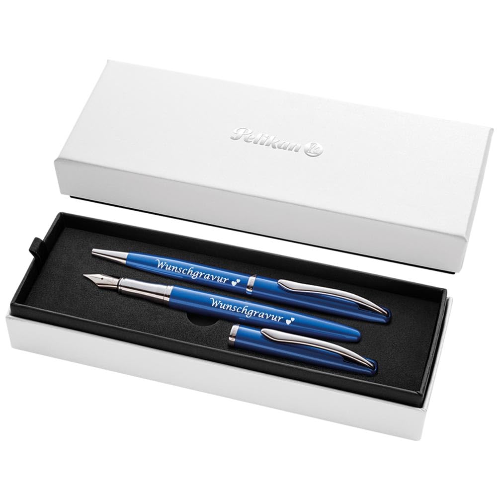 Pelikan Füller & Kugelschreiber Jazz® Noble Elegance im Set mit Wunschgravur | inkl. Geschenkeuti | Emoji Gravur | Saphire Blau Schreibset mit Gravur PS201