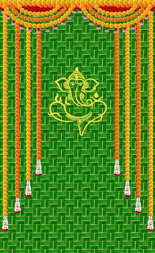 Image of DHARA CREATION Divine Ganesha with Hanging Flowers Backdrop - 8ft x 5ft, Premium Polyester Fabric, Ideal for Pooja, Religious Ceremonies, and Home Decor. Washable Fabric, Green