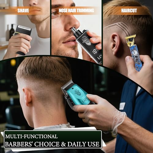 Haarschneidemaschine für Männer mit LED-Power-Anzeige, 4-teiliges professionelles Pflegeset mit Haarschneidemaschine, Detail-Trimmer, Folienrasierer & Nasentrimmer, komplettes kabelloses Set für den