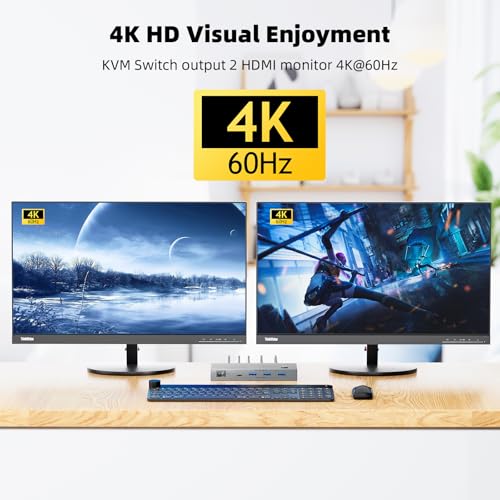 Image of KCEVE KVM Switch 2 Monitors 2 Computers USB C | KVM Switch USB-C for 2 Laptops 2 Monitors and 4 USB3.0 Devices, 4K@60Hz, 100W PD, MST, Wired Remote(4K USBC HD 2 in 2 out)