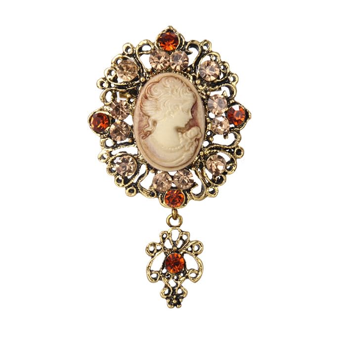 Victorian Vintage Beauty Lady Portrait Brooch Pins with Crystal Rhinestones, Retro Gold Tone Brooches for Women Fashion Jewelry