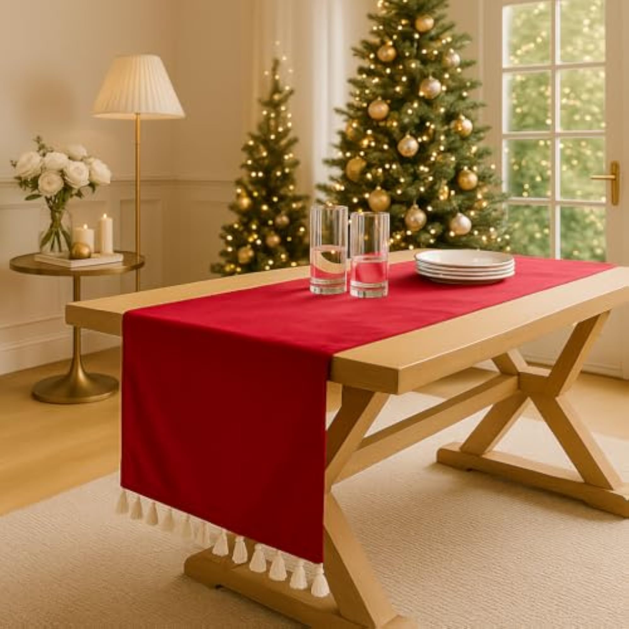 Red Velvet Christmas Decor Print Tassel Table Runner