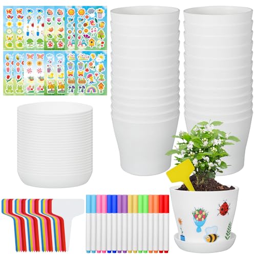 CIEOVO Garden Flower Pot Craft Kit 24 Paintable Durable Resin Garden Pot with Tray Drainage Holes Adhesive Stickers and Plant Labels Flower Plant Craft for Classroom Home DIY Flower Planting