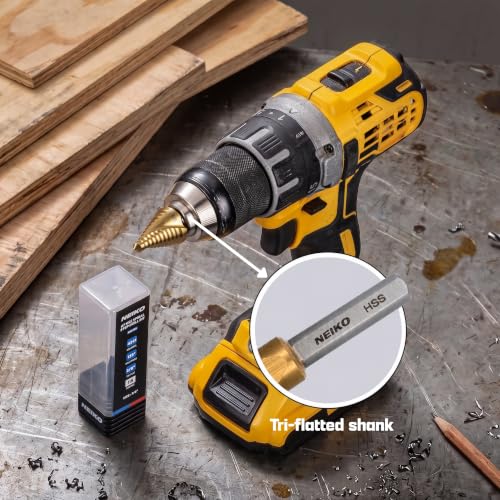 Image of NEIKO 10619A Step Drill Bit, 1 Step 7 /8 inch Spiral High Speed Steel, Titanium Nitride Coated, 3 /8 inch Tri-Flat Step Bits for Steel, Metal, Wood, Plastic, Unibit Cone Drill Bits, Two Flute