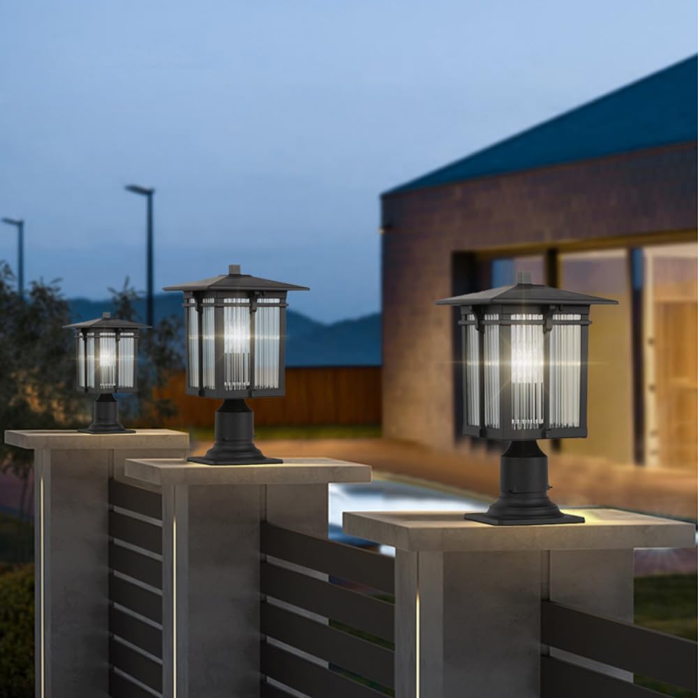 Outdoor Post Light 15.75In Modern Black Pillar Lights With Clear Glass Column Lamp Exterior Waterproof Gate Pedestal Lighting Stone Bollard Lighting Fence Deck Caps Lantern For Porch Mailbox Pier Lamp