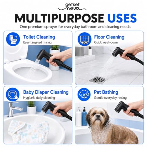 Image of Anti-Clog Jet Spray for Toilet with 1.5 Meter Pipe, ZeroBlock Silicone Nozzles, High Pressure Health Faucet, Leak-Proof Stainless Steel Jet Spray Gun, Bathroom Bidet Spray Full Set, Black