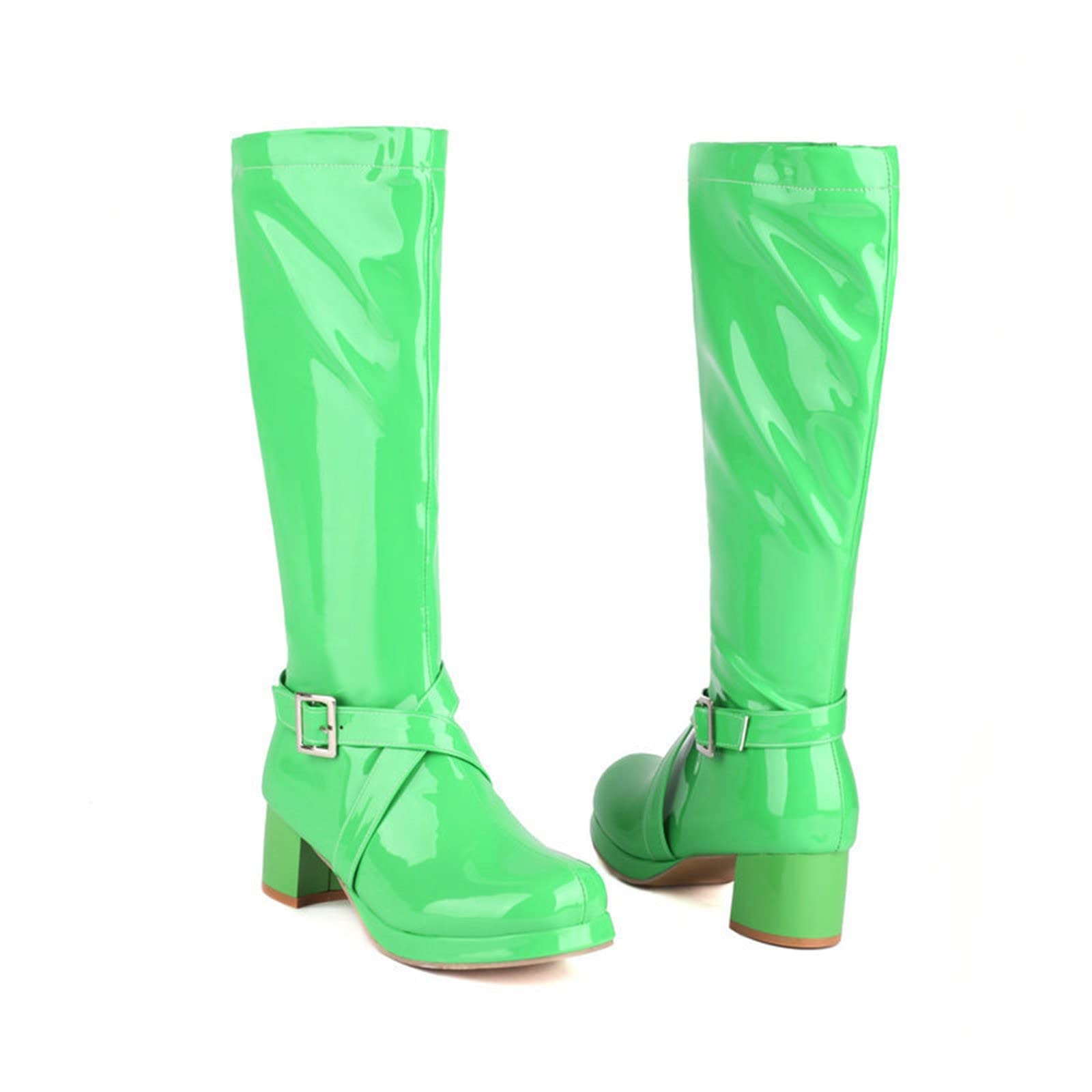 Botas de pantorrilla media para mujer e invierno Hebilla de color sólido de moda Cremallera lateral Cómodo tacón grueso Zapatos de tacón cuadrado Zapatillas de deporte para mujer, verde, 39 EU