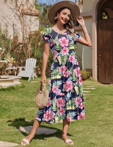 Image of Zeagoo Women Summer Midi A Line Dress Short Sleeve Casual Flowy Tiered Beach Long Sundress with Pockets 2026 Vacation Travel