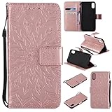 iPhone X Wallet Case,A-slim(TM) Sun Pattern Embossed PU Leather Magnetic Flip Cover Card Holders & Hand Strap Wallet Purse Case for iPhone X 2017 - Rose Gold