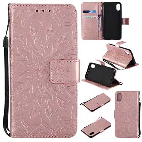 A-slim iPhone X Wallet Case, (TM) Sun Pattern Embossed PU Leather Magnetic Flip Cover Card Holders & Hand Strap Wallet Purse Case for iPhone X 2017 - Rose Gold