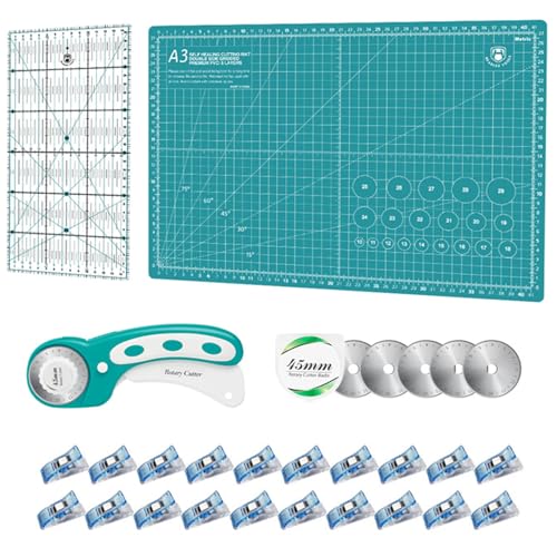 Rollschneider Set - 45mm Rollschneider Stoffschneider Set inkl. A3 Schneidematte, Rollschneider, Ersatzklingen, Patchwork-Lineal, Stoffklammern, ideal zum Basteln, Nähen, Patchworken (Grün) Rollschneider Set - 45mm Rollschneider Stoffschneider Set inkl. A3 Schneidematte, Rollschneider, Ersatzklingen, Patchwork-Lineal, Stoffklammern, ideal zum Basteln, Nähen, Patchworken (Grün)