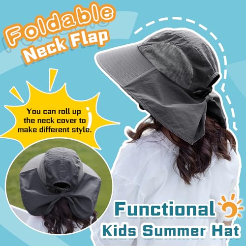 Image of Rosoz Kids Sun Hat with Neck Flap UV Protection Summer Toddler Beach Hat Unisex Ponytail Hat Wide Brim Fishing Hat