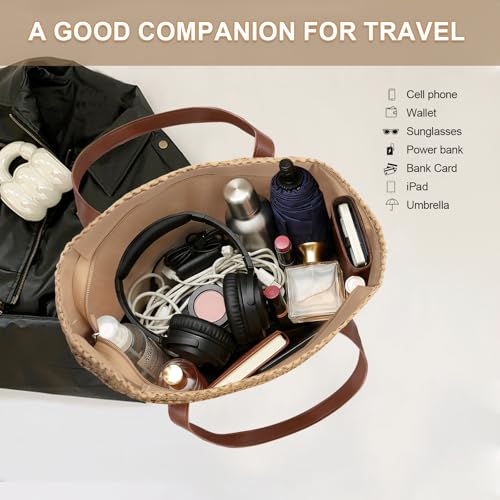 Image of Long Keeper Beach Bags for Women Summer Straw Bag with Zipper Woven Shoulder Handbag Beach Tote Bags for Travel Vacation