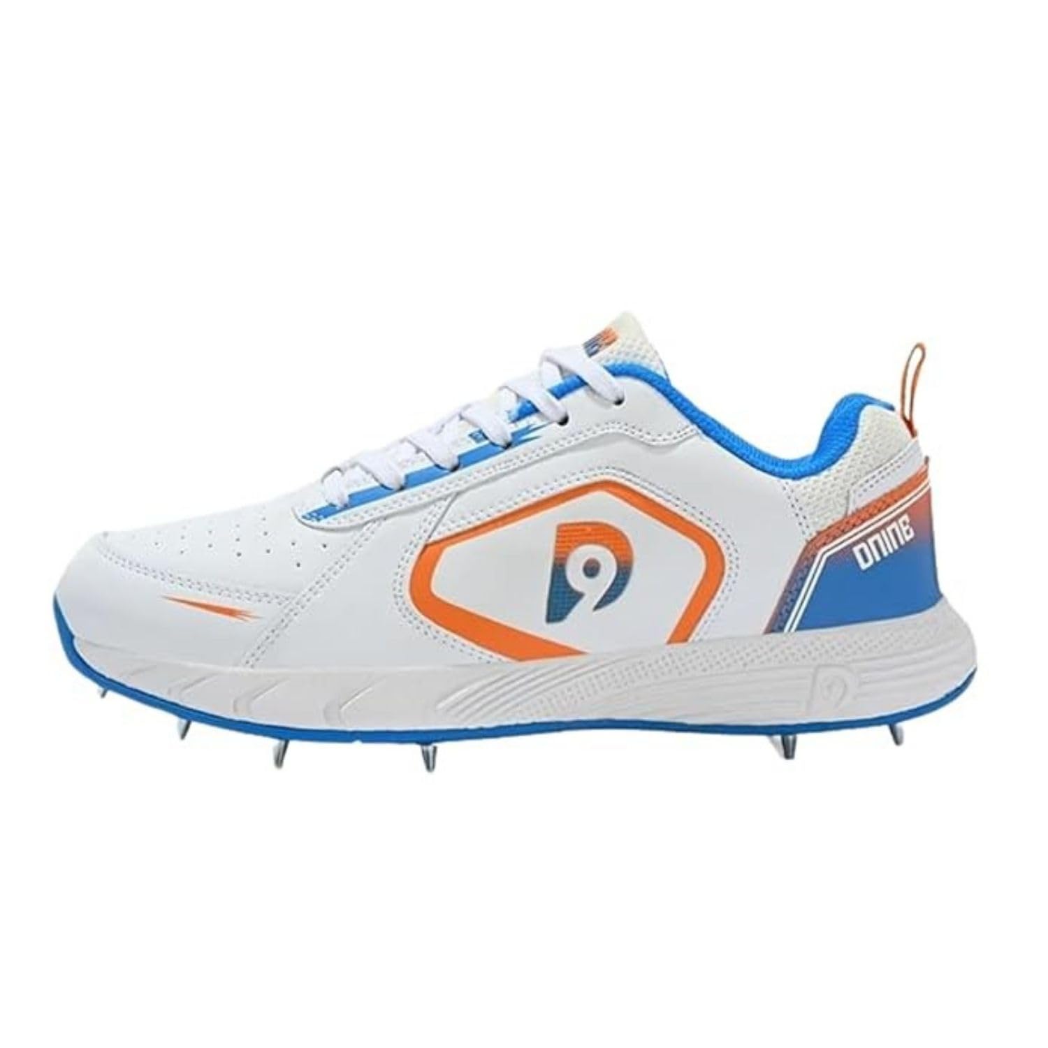 DNINE Thunder Cricket Shoes, Metal Spike, White/Orange/Blue, PU Leather Upper, EVA Midsole-6UK