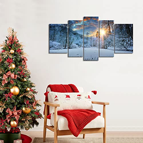 Modern Canvas Painting Wall Art Snowfield Winter Snow Forest Tree Sunrise Sunset Landscape Mountain & Tree Print On Canvas Artwork Wall Decor (B) #TOP3