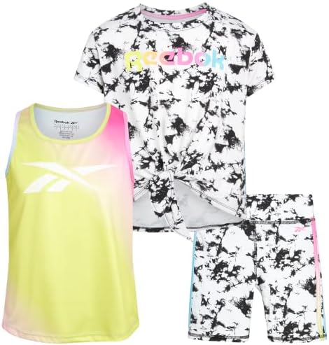 Reebok Girls 3-Piece Workout Active Short Set - Tank Top, T-Shirt and Bike Shorts (4-12), Size 7, Black/Tie Dye