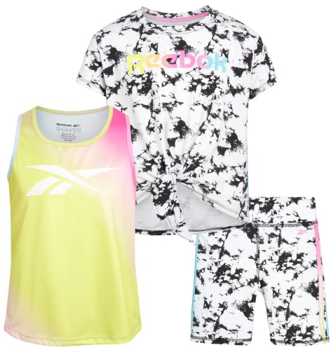 Reebok Girls 3-Piece Workout Active Short Set - Tank Top, T-Shirt And Bike Shorts (4-12), Size 7, Black/Tie Dye #TOP27