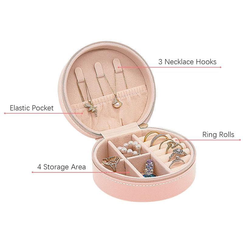 Image of Travel Jewelry Box Mini Portable Organizer Travel Case with Zipper Faux PU Leather Small Storage Boxes for Rings Earrings Necklaces Bracelets for Women Girls (Round-Pink)