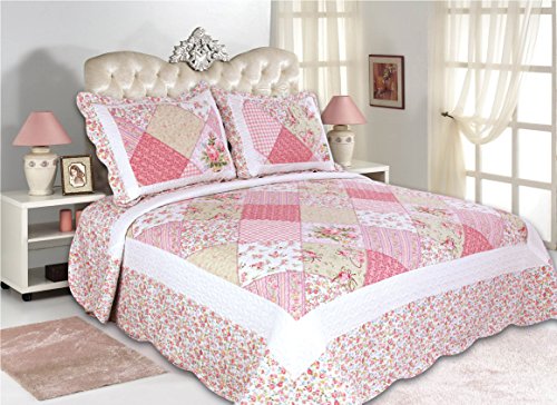 ALL FOR YOU 3-Piece Reversible Bedspread Quilt Set-Full/Queen Size -Pink Patchwork Prints