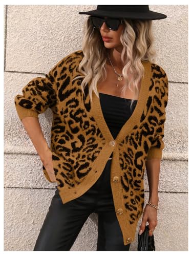 Image of SOLY HUX Women's Leopard Print Cardigan Sweaters Button Down V Neck Long Sleeve Fuzzy Cardigans