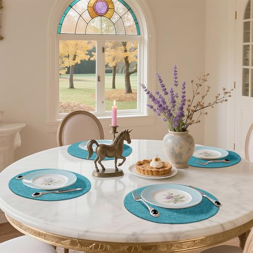 homing 15 Inch Round Cloth Placemats Set of 6, Cotton Linen Blend Washable Table Mats, Farmhouse Dining Place Mats for Indoors & Outdoors, Easy to Clean, Teal by homing - Used condition - Image 4