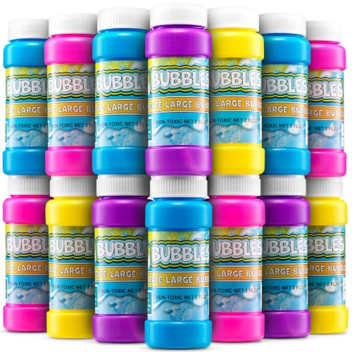 Party Bubbles for Kids - (Bulk Pack of 24) 2-oz Bubbles Bulk Solution with Bubble Wands Assorted Neon Colors for Outdoor Toys Summer Games, Birthday Party Favors, & Goodie Bags Stuffers by Bedwina - Used condition - US$14.84