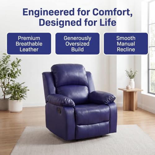 Image of Single Leather Manual Recliner Chair, Oversized Lazy Boy Recliner with Home Theater Seating, Breathable Living Room Reclining Chair for Adults Reading, Gaming, Relax, Dark Blue