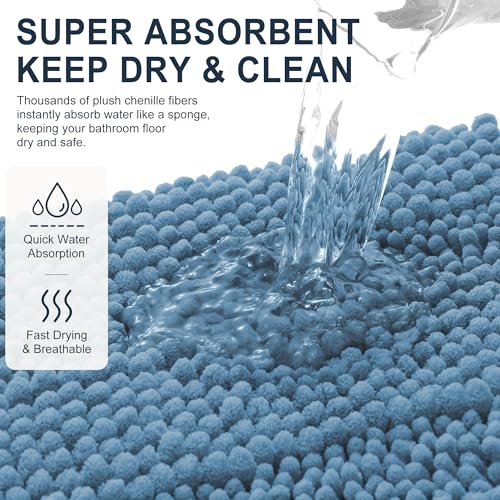 Image of Smiry Thick Chenille Bathroom Runner Rugs 59x24, Absorbent Striped Bath Mat, Machine Washable, Rubber Backing, Extra Long Bath Rugs for Tub & Shower, Modern Home Decor Accessories, Airy Blue