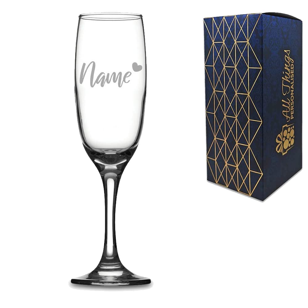 Personalised Engraved Champagne Flute with Name and Heart Design, Gift Boxed, Personalise with Any Name