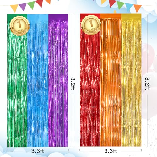 Image of Rainbow Fringe Curtain Party Streamers 2Pack 3.3 x 8.3 Ft Foil Fringe Backdrop Curtains for Birthday Wedding Bridal Baby Shower Holiday Tinsel Streamers Rainbow Party Decorations Door Streamer