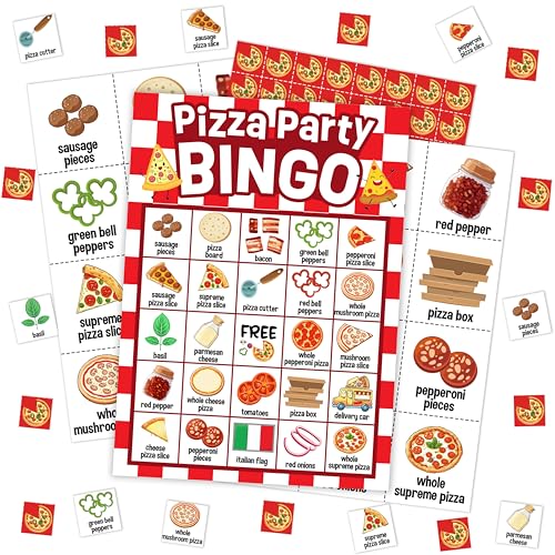 Mueddur Pizza Party Bingo Card, Pizza Bingo Set for Adults Large Group Family Friends, Sleepover Party Game, Gourmet Food Bingo Kit for Birthday, Holiday Games for 24 Players -05