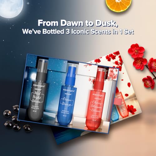Image of Aqualogica Refresh+ Mist Me Not Set of 3 Perfume Body Mist, 3 x 20ml | Travel-Friendly | Long-lasting & Hydrating | Perfect for Gifting | Jasmine, Aquatic & Raspberry| For Valentine's Day, Birthday, Anniversary & Special Occasions | Men & Women | Premium Gift Pack