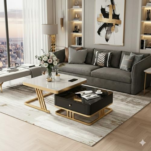 Image of Handmade Drawer Square 20 inchx20 inch Coffee Table /Nesting Table /Side Table /Center Table with Marble Finish Top for Living Room /Drawing Room (Black & White - Gold)