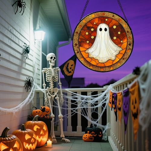 Image of Stained Glass Window Hanging - Halloween Decorations White Ghost Suncatcher for Doors Garden Indoor Spooky Funny Orange Sun Catchers Gothic Decor Horror Gifts for Women Men Friend 9.8 in