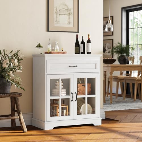 LINSY HOME Modern Coffee Bar and Storage Cabinet with Glass Doors – Versatile White Sideboard for Living Room and Home Office