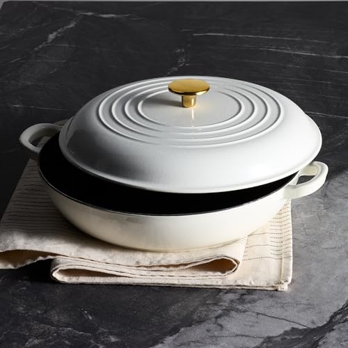 Image of CAROTE 3.4QT Enameled Cast Iron Braiser Pan, Shallow Dutch Oven Casserole Skillets, Non-Toxic Cast Iron Pot with Lid for Grilling, Searing, Baking, Dual Handles, All Stovetop Compatible, White