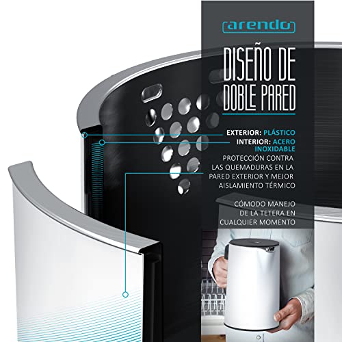 Miniatura 4 de Arendo Hervidor De Agua Eléctrico De 1,5 Litros - Acero Inoxidable - Con Ajuste De Temperatura De 40 C A 100 C En Incrementos De 5 - Modelo Elegant - Diseño De Doble Pared - Libre De Bpa