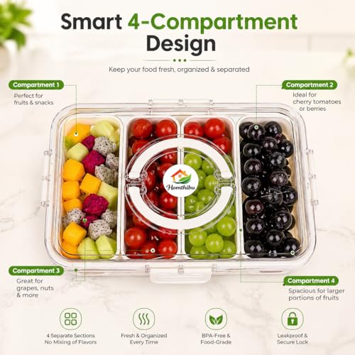 Image of Premium 4 Compartment Fridge Storage Box with Drain Tray & Lid | Large Capacity Refrigerator Organizer for Vegetables, Fruits & Meat | Leakproof, Stackable Kitchen Container (Transparent)