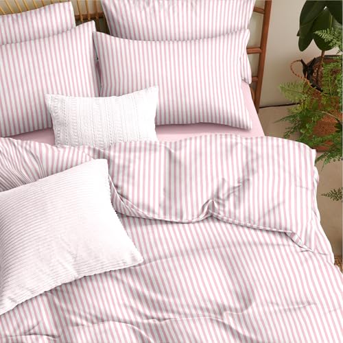 Image of Nayoroom Pink Striped Duvet Cover Twin Size White Stripe Duvet Cover Dorm Bedding Set 2 Pieces Soft Lightweight Washed Microfiber Farmhouse Bedding Set Gifts for Women Men