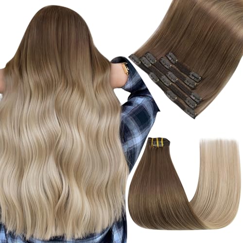 Image of Easyouth Clip in Hair Extensions Real Human Hair Ombre Remy Human Hair Clip in Extensions Light Brown to Ash Blonde Mix Platinum Blonde Clips on Extension for Women 5Pcs 80G 18 Inch