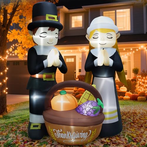 6FT Thanksgiving Inflatables Fall Outdoor Decorations Lighted Pilgrim Boy and Girl Blow Up with Basket & 11 Built-in LEDs & Blower Harvest Yard Lawn Garden Decor for Autumn Holiday Party