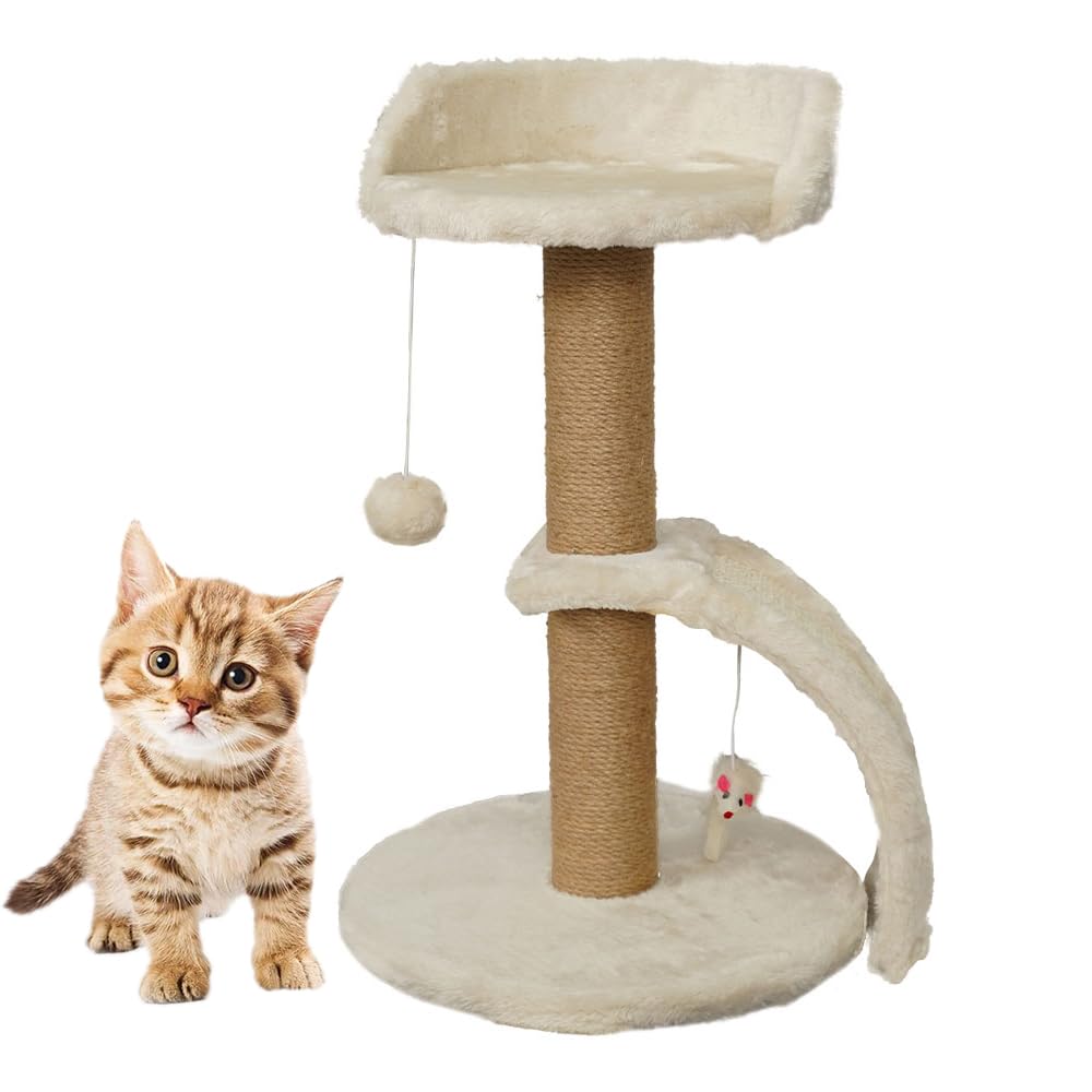 FurryPals Small Cat Tree with Sisal Scratching Posts,Plush Perch,Cat Tower Furniture,Cat Climbing Tower with Dangling Ball and Cat Scratcher (Beige)