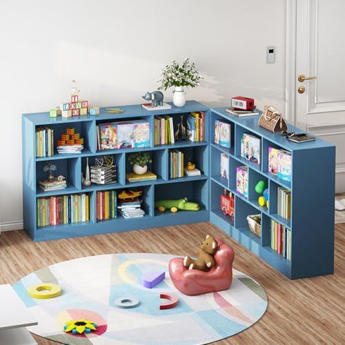 Image of IOTXY Open Shelf Low Bookcase - Wooden 3-Tier Cube Bookshelf, Bright Blue