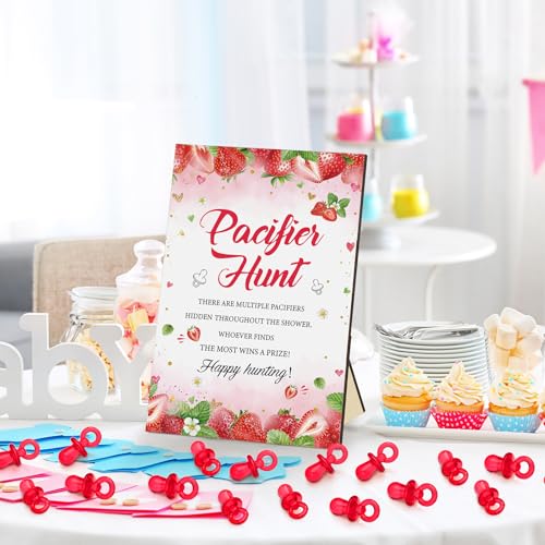 Image of Thyle 51 Pcs Strawberry Pacifier Hunt Baby Shower Games Include Hunt Sign and 50 Acrylic Pacifiers for Baby Shower Decoration Gift Sets Gender Reveal Party Decor